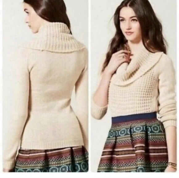 Anthropologie Angel of the North Chunky Waffle Knit Wool Cowl Neck Sweater - Picture 1 of 7